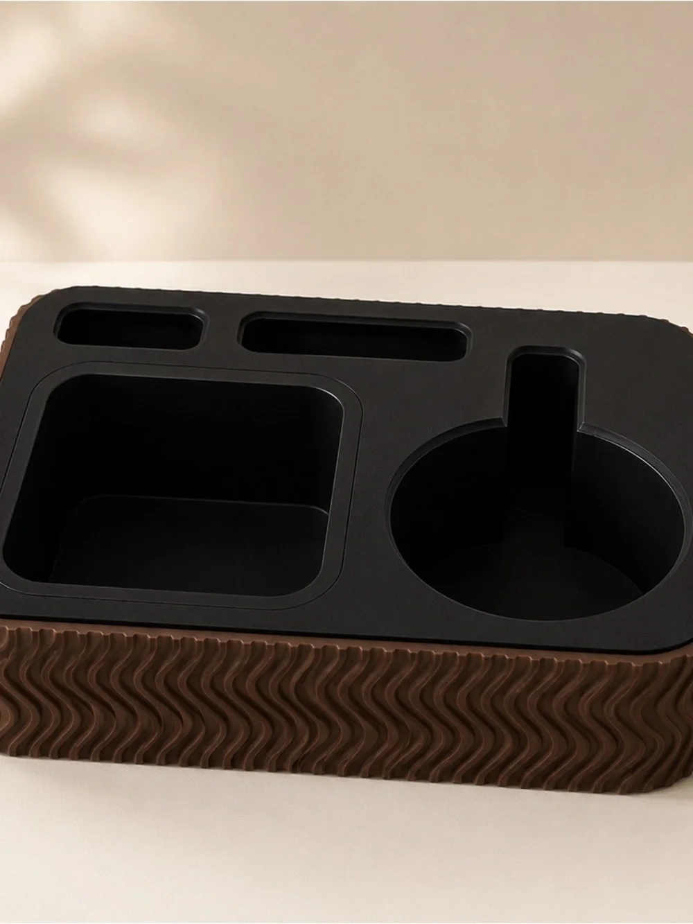 Multi-Compartment Couch Caddy Tray in Brown and Black